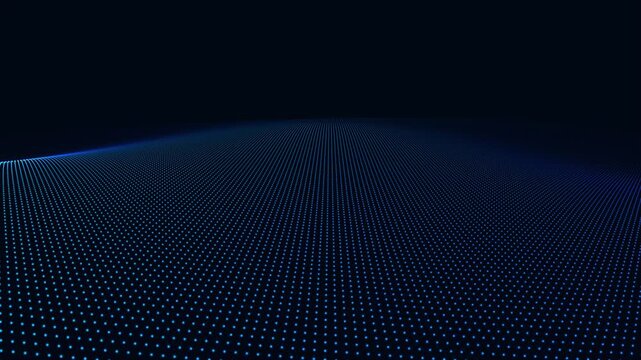 Futuristic digital waves flowing across a glowing blue dot grid in a dark cyber dimension representing modern business technology