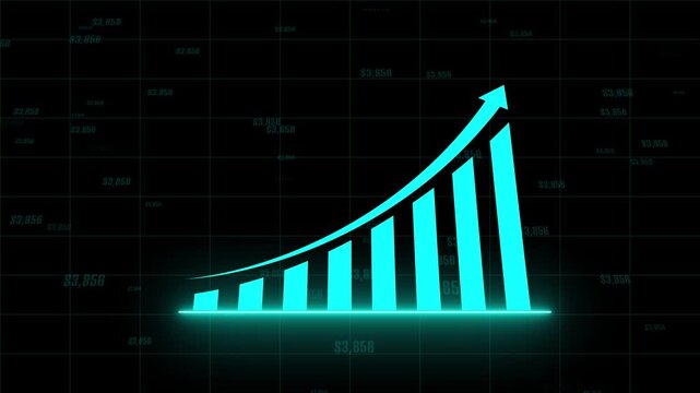 Bar chart animation displays an exponential curve with dollars. High financial investment returns reflect on this bar chart. Corporate economic revenue growth drives the active bar chart.