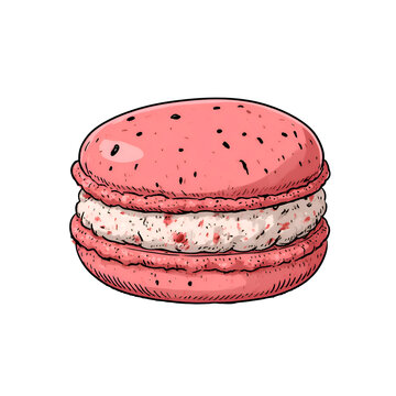 Pink macaron with cream filling and dark speckles on black background