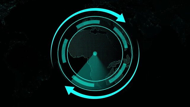 Digital globe animation rotates with data arrows on dark space. Planetary telecommunication routes on this digital globe. Worldwide cyber infrastructure powers the digital globe.