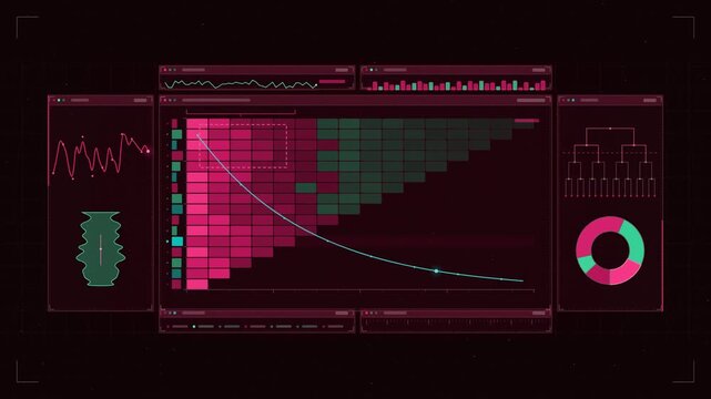 Abstract animated cohort retention triangle fading down drawn as coral and magenta lines and shapes on a deep dark background. Seamless looping 4K motion graphics video with free space for text, ideal