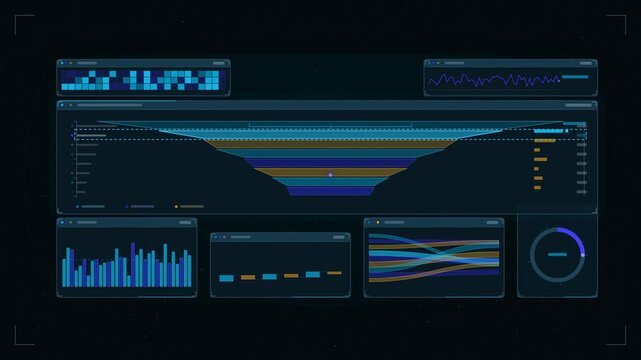 Abstract animated conversion funnel stages dropping off drawn as cyan and teal lines and shapes on a deep dark background. Seamless looping 4K motion graphics video with free space for text, ideal for