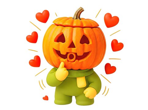 Cute 3D cartoon character with a carved jack-o'-lantern pumpkin head wearing a green suit surrounded by red floating hearts, ideal for playful Halloween, autumn, and love concept icons.
