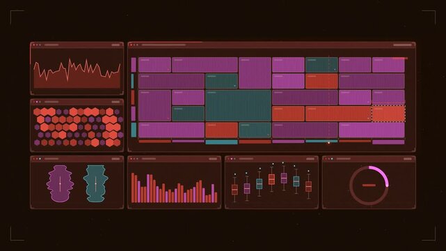 Abstract animated crop yield zones ripening unevenly drawn as violet and blue lines and shapes on a deep dark background. Seamless looping 4K motion graphics video with free space for text, ideal for 