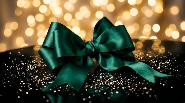 Elegant dark green satin gift bow on black surface with bokeh lights