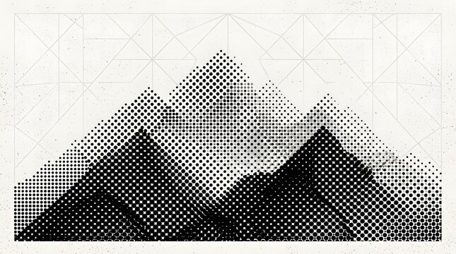 Halftone mountain range illustration features a geometric dotted pattern on a white background