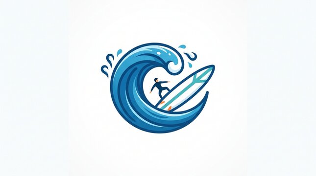 Minimalist surfing logo icon, stylized blue ocean wave with surfer silhouette, modern beach lifestyle graphic on white background