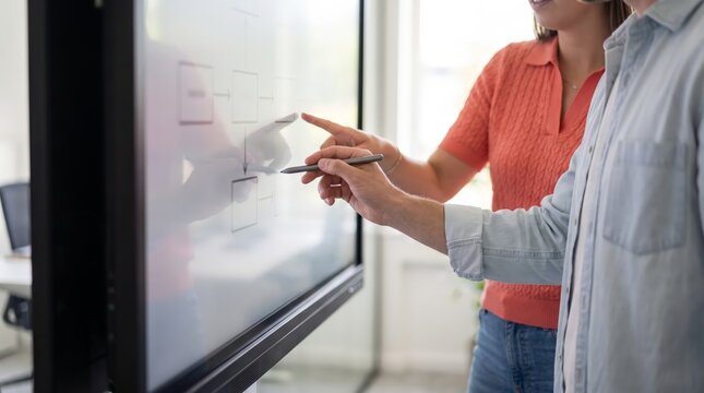 Close-up of hands pointing at a flowchart on a touchscreen display