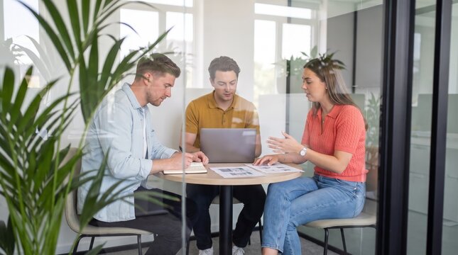 Three coworkers discussing a project at a round table in a glass office