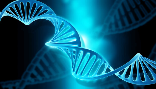 DNA double helix strand shown over an abstract glowing scientific and digital data background.