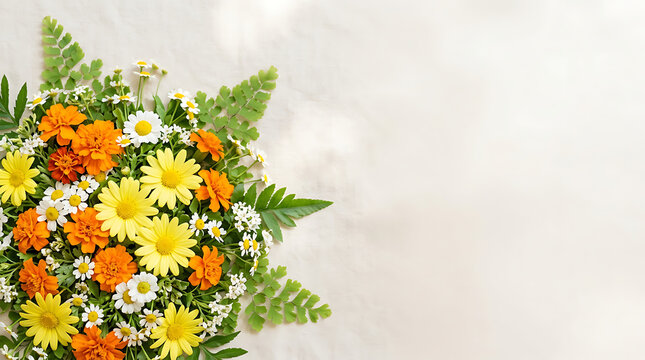 Vivid floral arrangement with bright yellow, orange, and white blossoms complemented by lush green foliage on a neutral background