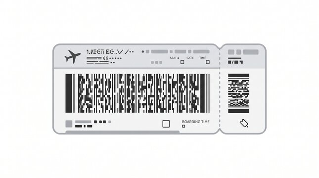 Airline boarding pass template with barcode and QR code, minimalist flight ticket illustration, travel document icon on white background
