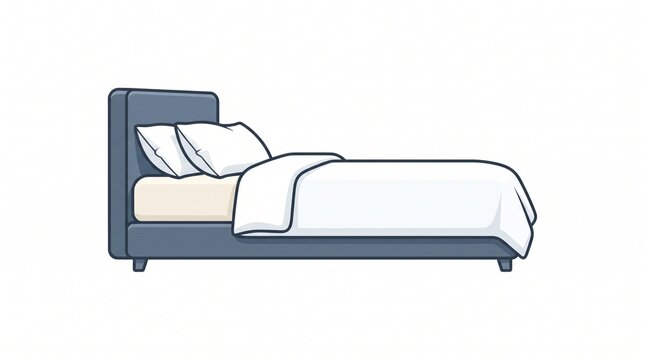 Modern upholstered bed with blue headboard and white linens, minimalist bedroom furniture illustration, comfortable single bed with pillows and duvet