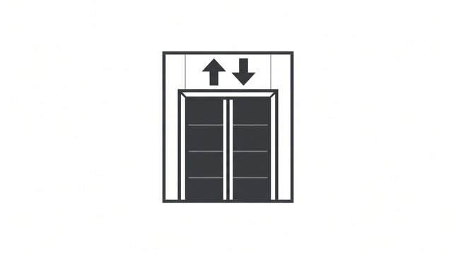 Minimalist elevator icon with up and down arrows, modern lift door symbol on white background, simple architectural navigation sign for building wayfinding