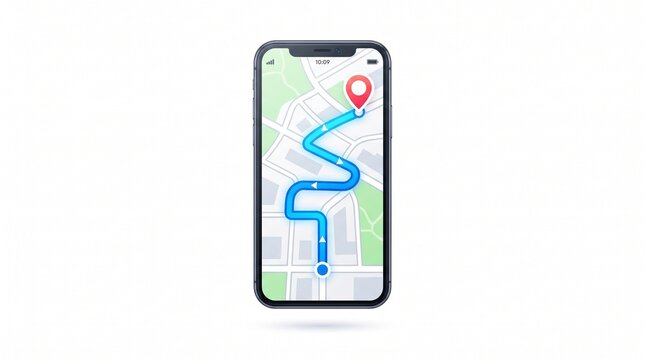 Smartphone with GPS navigation map app, mobile phone displaying city street route with red pin, digital tracking and logistics technology