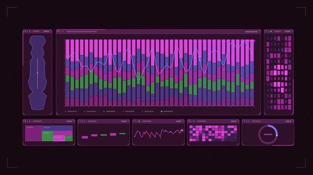 Abstract animated revenue mix stacking by tier drawn as violet and blue lines and shapes on a deep dark background. Seamless looping 4K motion graphics video with free space for text, ideal for dashbo