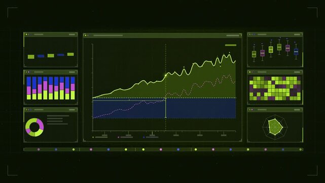 Abstract animated unit economics payback crossing breakeven drawn as green and teal lines and shapes on a deep dark background. Seamless looping 4K motion graphics video with free space for text, idea