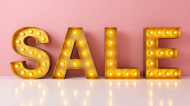Large illuminated vintage marquee letters spelling sale on a white surface against a soft pink background
