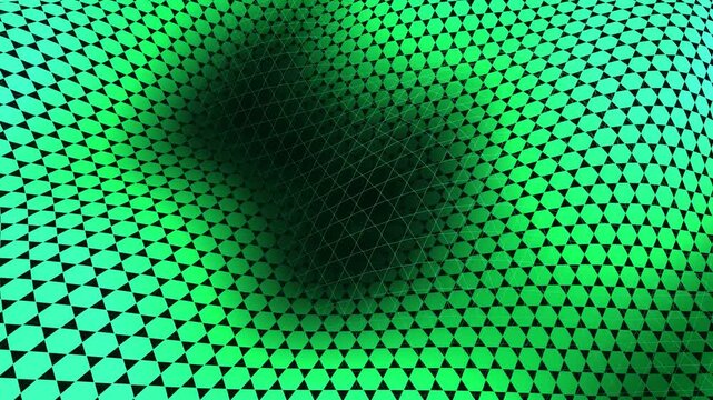 Futuristic digital systems animating luminous green hexagonal mesh waves in cyber virtual space for technology concepts