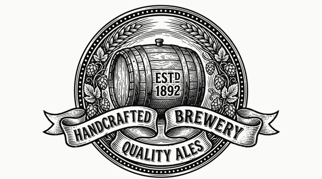 Vintage brewery logo with wooden barrel and wheat stalks.