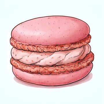 Hand drawn pink macaron cookie with creamy filling on a light background