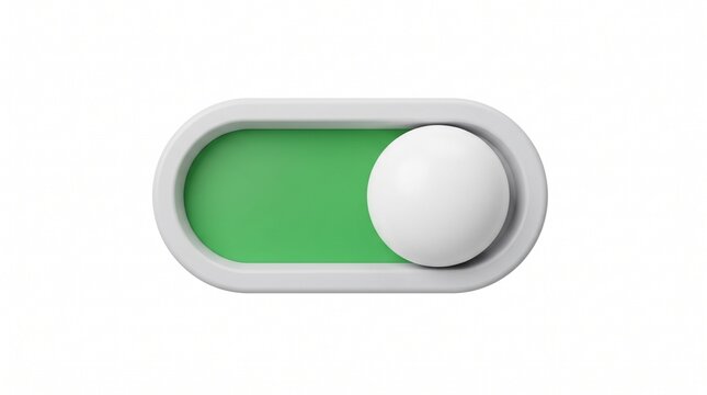 Minimalist 3D toggle switch in green on position, modern user interface slider button, digital power control icon for web and mobile apps