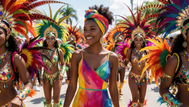 A smiling woman in a colorful dress and headwrap celebrates at a vibrant street carnival. Joyful dancers in feathered regalia parade in the background