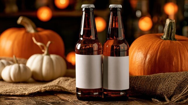 Two amber glass beer bottle with blank label on wooden table with orange and white pumpkin autumn fall decoration background
