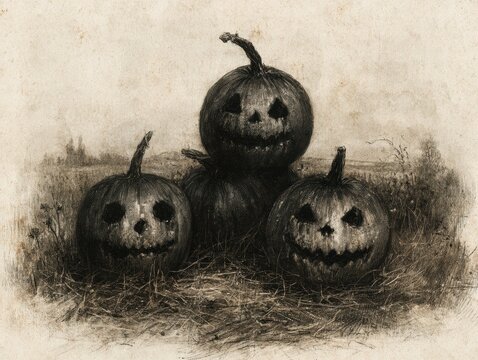 Carved Halloween pumpkins stacked together in dry grass, dark vintage charcoal artwork style