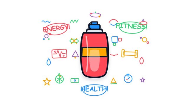 Red sports water bottle surrounded by fitness energy and health icons in doodle vector style