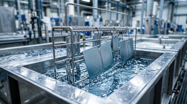 Anodized aluminum panels, zinc phosphate crystals and stainless dipping tanks showing industrial surface treatment, passivation and anti-corrosion finishing.