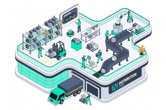 Detailed hand drawn isometric illustration of a modern distribution center featuring warehouse facilities, storage areas, delivery vehicles, packages, workers, and logistics operations.