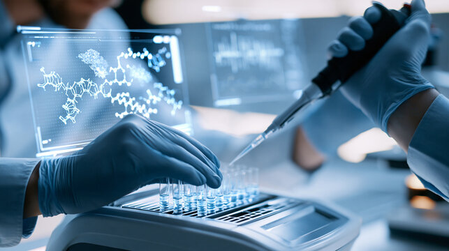  laboratory technician's gloved hands pipetting fluorescent messenger rna sequences into a thermal cycler cropped composition with face out of frame holographic molecular