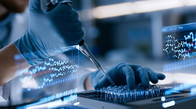  laboratory technician's gloved hands pipetting fluorescent messenger rna sequences into a thermal cycler cropped composition with face out of frame holographic molecular