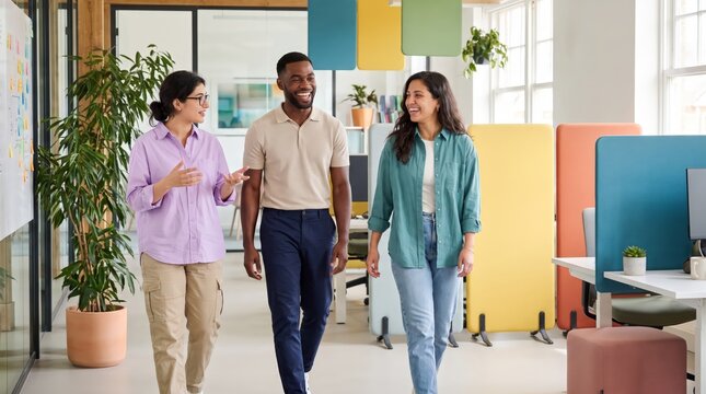 Colleagues walking and chatting through a colorful startup office