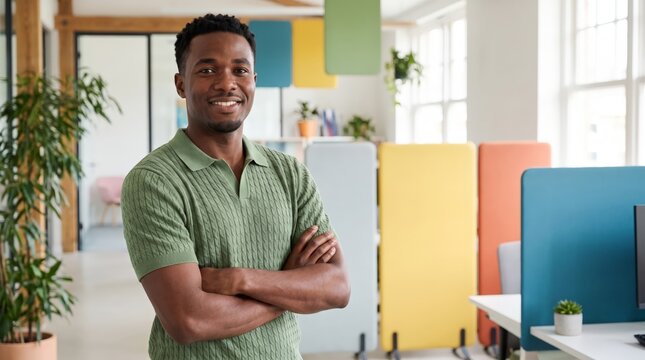 Young businessman portrait in colorful office