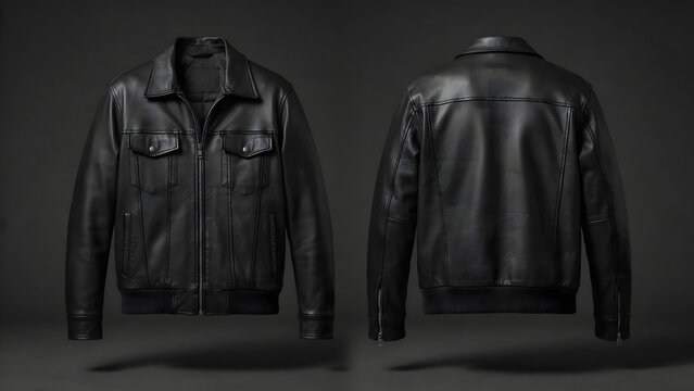 Front and back view of a black leather jacket with a collar, zipper, and chest pockets, floating against a dark gray studio background, for display