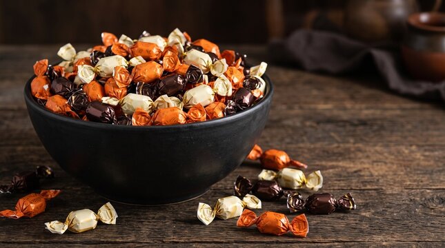 Black bowl filled with assorted colorful wrapped hard candies on a rustic wooden table