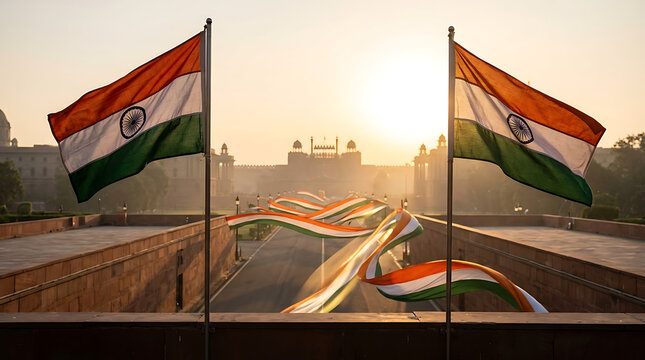 Patriotic celebration featuring Indian flags draped across a historic monument at sunrise with vibrant colors and national pride