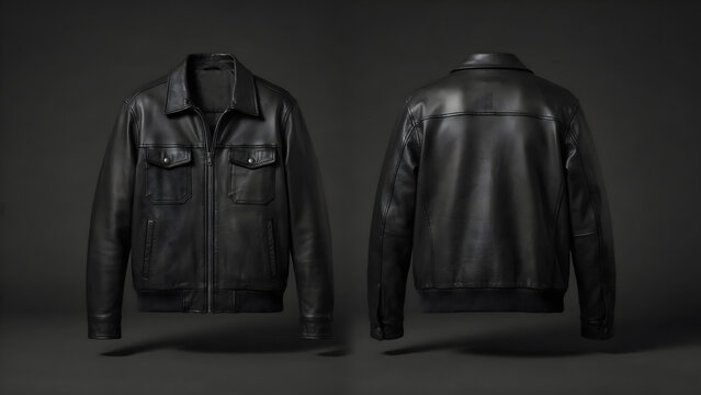 Front and back view of a black leather jacket with a collar, zipper, and chest pockets, floating against a dark gray studio background, for display