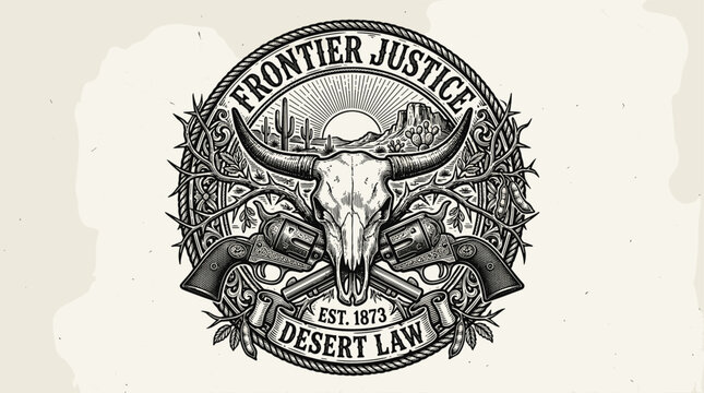 Vintage Western badge with steer skull and revolvers.