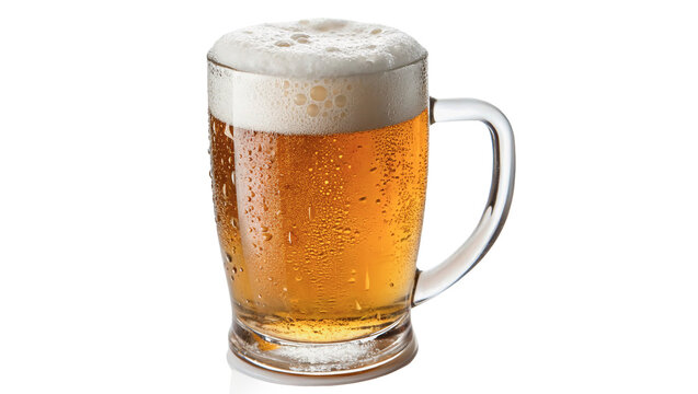 Glass mug filled with cold refreshing gold lager beer isolated on transparent background.