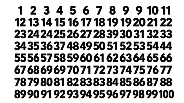 Black numbers set from 1 to 100 on white background