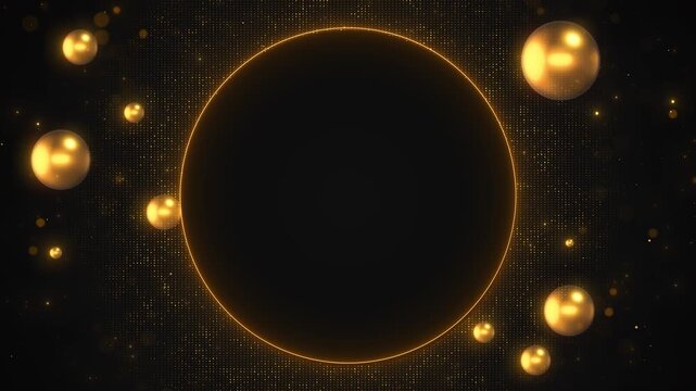 Radiant amber ring, floating globes, texture polished composition center space. logo animation, premium advertising, finance presentations, gala announcements, festive greetings, cinematic openers.