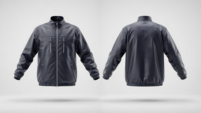 Front and back view of a dark grey windbreaker jacket with a collar, silver zipper, and chest pockets on a plain white background