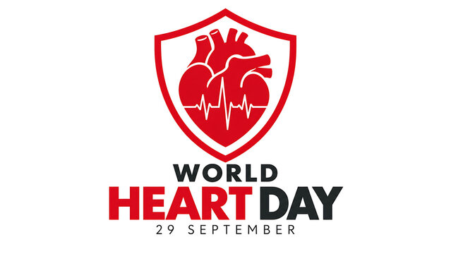 World heart day logo design with red heart shape and heartbeat line inside a shield icon isolated on white background, world heart day 2026, heart day 2026, heart day