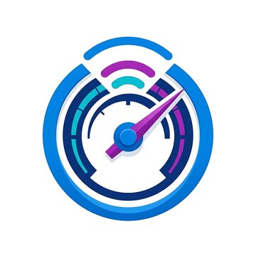 Vibrant digital speedometer icon with high speed signal connection, blue and purple vector graphic element for technology concepts.
