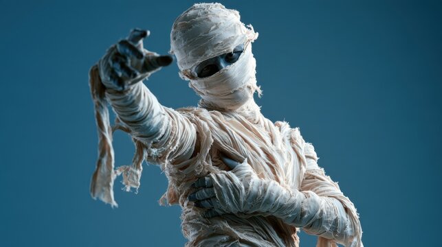 Mummy figure wrapped in aged cloth with outstretched hand and dark eye shadow posing against dark blue background