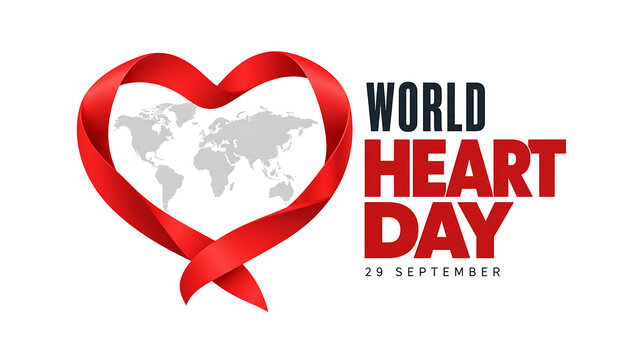 World heart day concept with a red ribbon shaped like a heart around a world map isolated on white background, world heart day 2026, heart day 2026, heart day