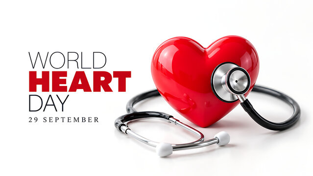 World heart day concept with a red heart model and a medical stethoscope isolated on white background, world heart day 2026, heart day 2026, heart day